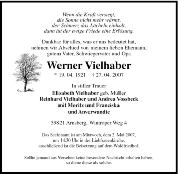 Traueranzeige von Werner Viehlhaber von Tageszeitung