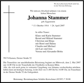 Traueranzeige von Johanna Stammer von Tageszeitung