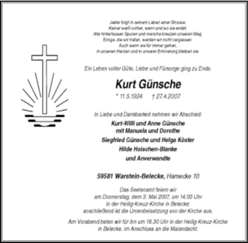 Traueranzeige von Kurt Günsche von Tageszeitung