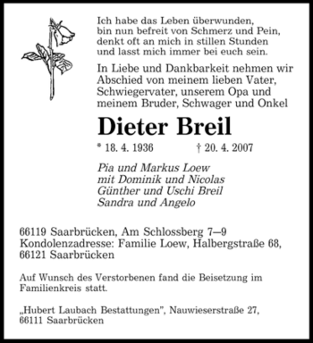 Traueranzeige von Dieter Breil von Tageszeitung