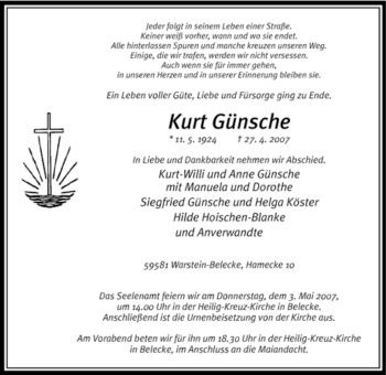 Traueranzeige von Kurt Günsche von Tageszeitung