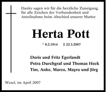 Traueranzeige von Herta Pott von Tageszeitung