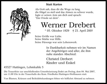 Traueranzeige von Werner Drebert von Tageszeitung
