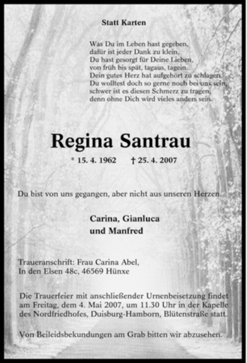 Traueranzeige von Regina Santrau von Tageszeitung