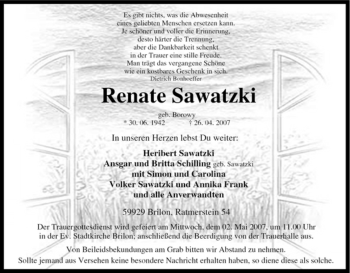 Traueranzeige von Renate Sawatzki von Tageszeitung