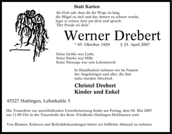 Traueranzeige von Werner Drebert von Tageszeitung