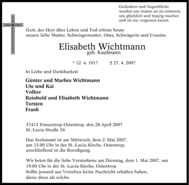  Traueranzeige für lisabeth Wichtmann vom 30.04.2007 aus Tageszeitung