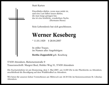 Traueranzeige von Werner Keseberg von Tageszeitung