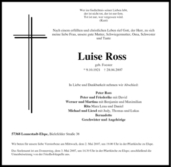 Traueranzeige von Luise Ross von Tageszeitung