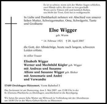 Traueranzeige von Else Wigger von Tageszeitung