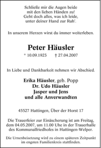 Traueranzeige von Peter Häusler von Tageszeitung
