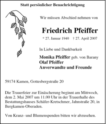 Traueranzeige von Friedrich Pfeiffer von Tageszeitung