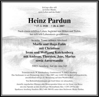 Traueranzeige von Heinz Pardun von Tageszeitung