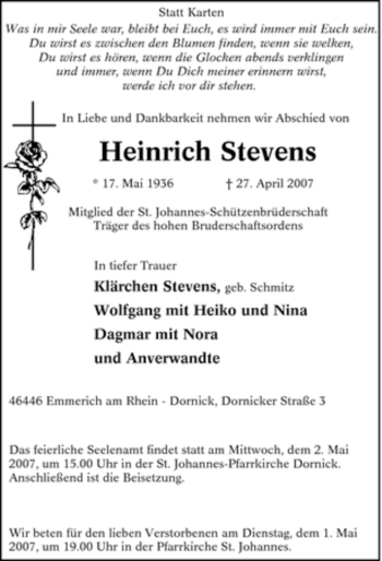 Traueranzeige von Heinrich Stevens von Tageszeitung