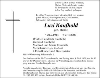 Traueranzeige von Luzi Kaufhold von Tageszeitung
