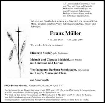 Traueranzeige von Franz Müller von Tageszeitung