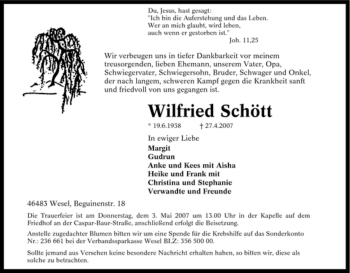Traueranzeige von Wilfried Schött von Tageszeitung