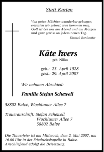 Traueranzeige von Käte Iwers von Tageszeitung
