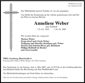 Traueranzeige von Anneliese Weber von Tageszeitung