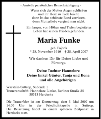 Traueranzeige von Maria Funke von Tageszeitung