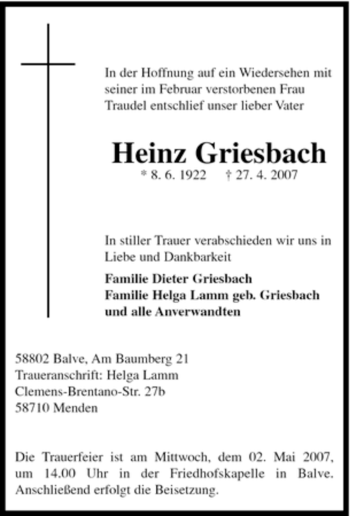 Traueranzeige von Heinz Griesbach von Tageszeitung