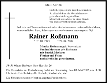Traueranzeige von Rainer Roßmann von Tageszeitung
