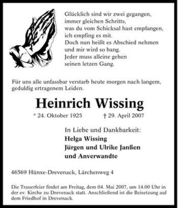 Traueranzeige von Heinrich Wissing von Tageszeitung