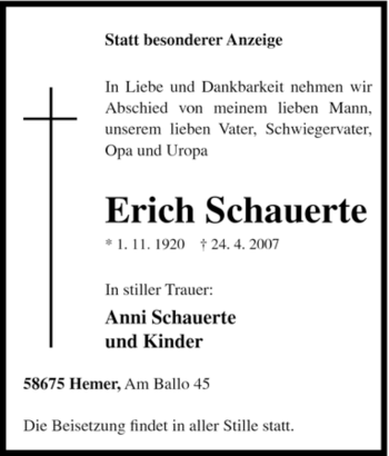 Traueranzeige von Erich Schauerte von Tageszeitung
