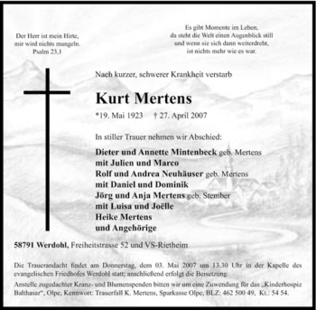 Traueranzeige von Kurt Mertens von Tageszeitung
