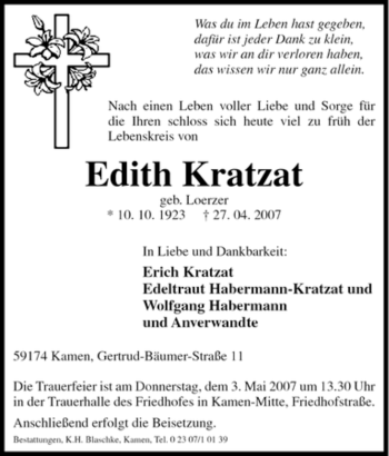 Traueranzeige von Edith Kratzat von Tageszeitung