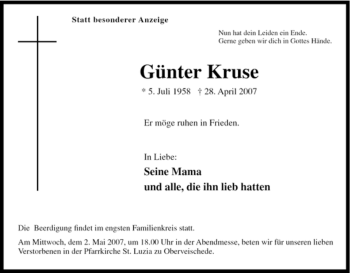 Traueranzeige von Günter Kruse von Tageszeitung