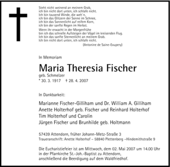 Traueranzeige von Maria Theresia Fischer von Tageszeitung