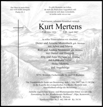 Traueranzeige von Kurt Mertens von Tageszeitung