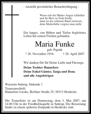 Traueranzeige von Maria Funke von Tageszeitung