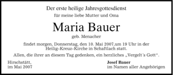 Traueranzeige von Maria Bauer von Tageszeitung