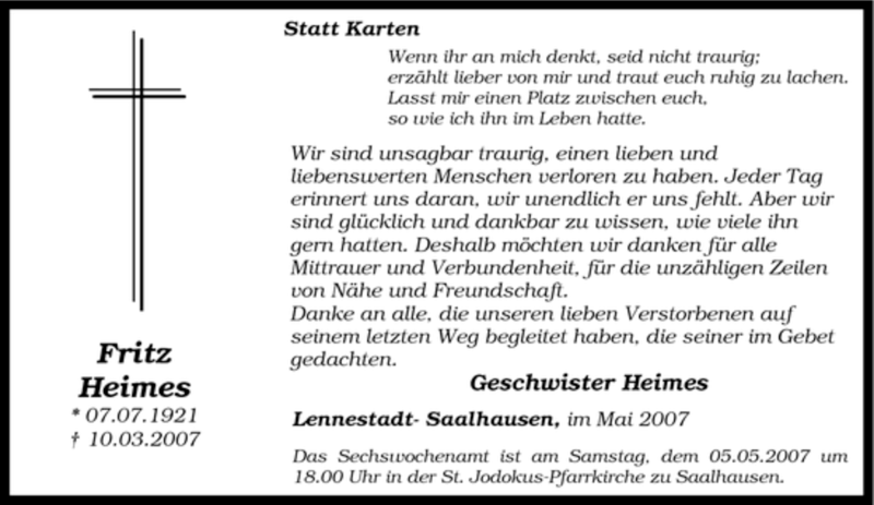  Traueranzeige für Fritz Heimes vom 02.05.2007 aus Tageszeitung