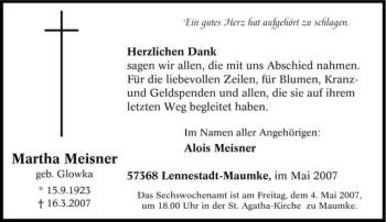 Traueranzeige von Martha Meisner von Tageszeitung