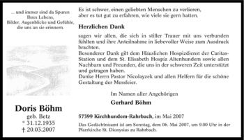 Traueranzeige von Doris Böhm von Tageszeitung