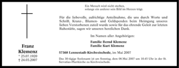 Traueranzeige von Franz Klemenz von Tageszeitung