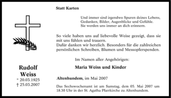 Traueranzeige von Rudolf Weiss von Tageszeitung