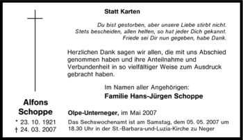 Traueranzeige von Alfons Schoppe von Tageszeitung