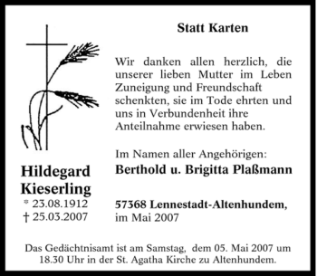 Traueranzeige von Hildegard Kieserling von Tageszeitung