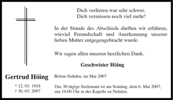 Traueranzeige von Gertrud Höing von Tageszeitung