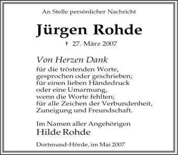 Traueranzeige von Jürgen Rohde von Tageszeitung