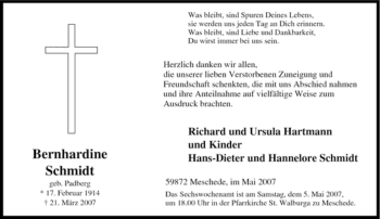 Traueranzeige von Bernhardine Schmidt von Tageszeitung