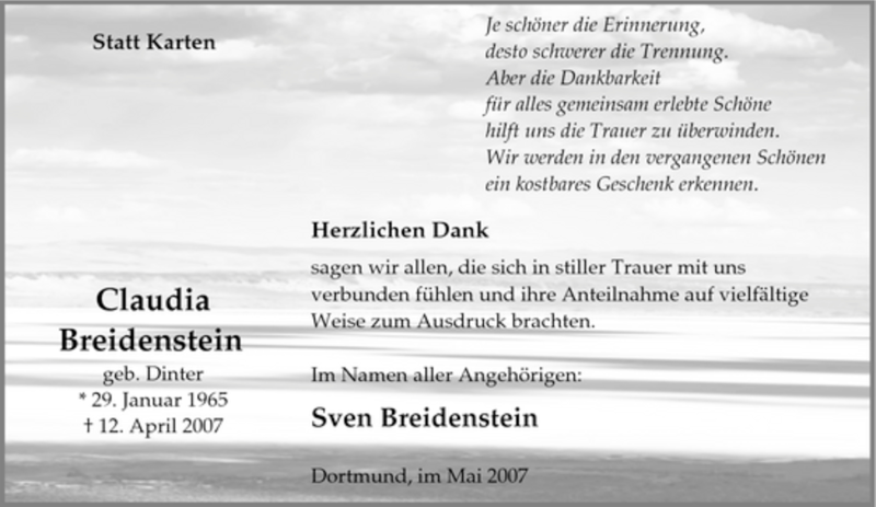  Traueranzeige für Claudia Breidenstein vom 02.05.2007 aus Tageszeitung