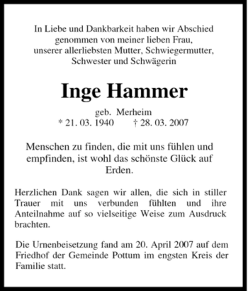 Traueranzeige von Inge Hammer von Tageszeitung