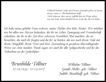 Traueranzeige von Brunhilde Töllner von Tageszeitung