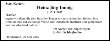 Traueranzeige von Heinz Jörg Immig von Tageszeitung