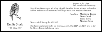Traueranzeige von Emilie Stork von Tageszeitung